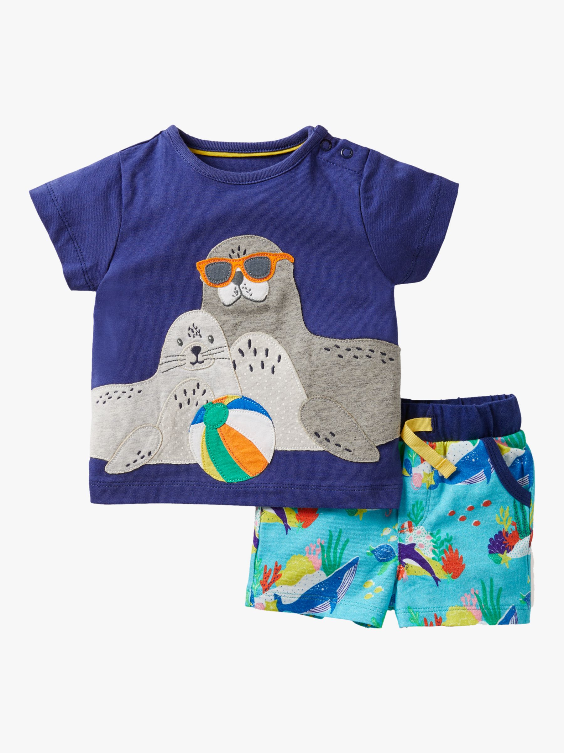 Mini Boden Baby Applique Seal Shorts Set, Blue/Multi