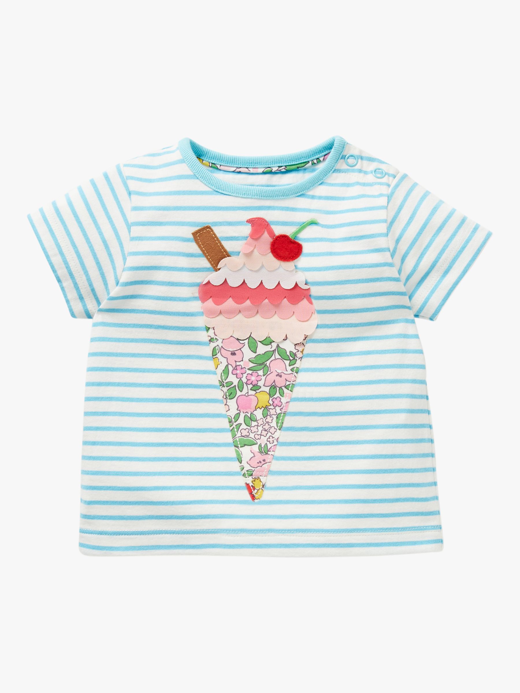 Mini Boden Baby Ice Cream Applique Stripe T-Shirt, Blue/Multi