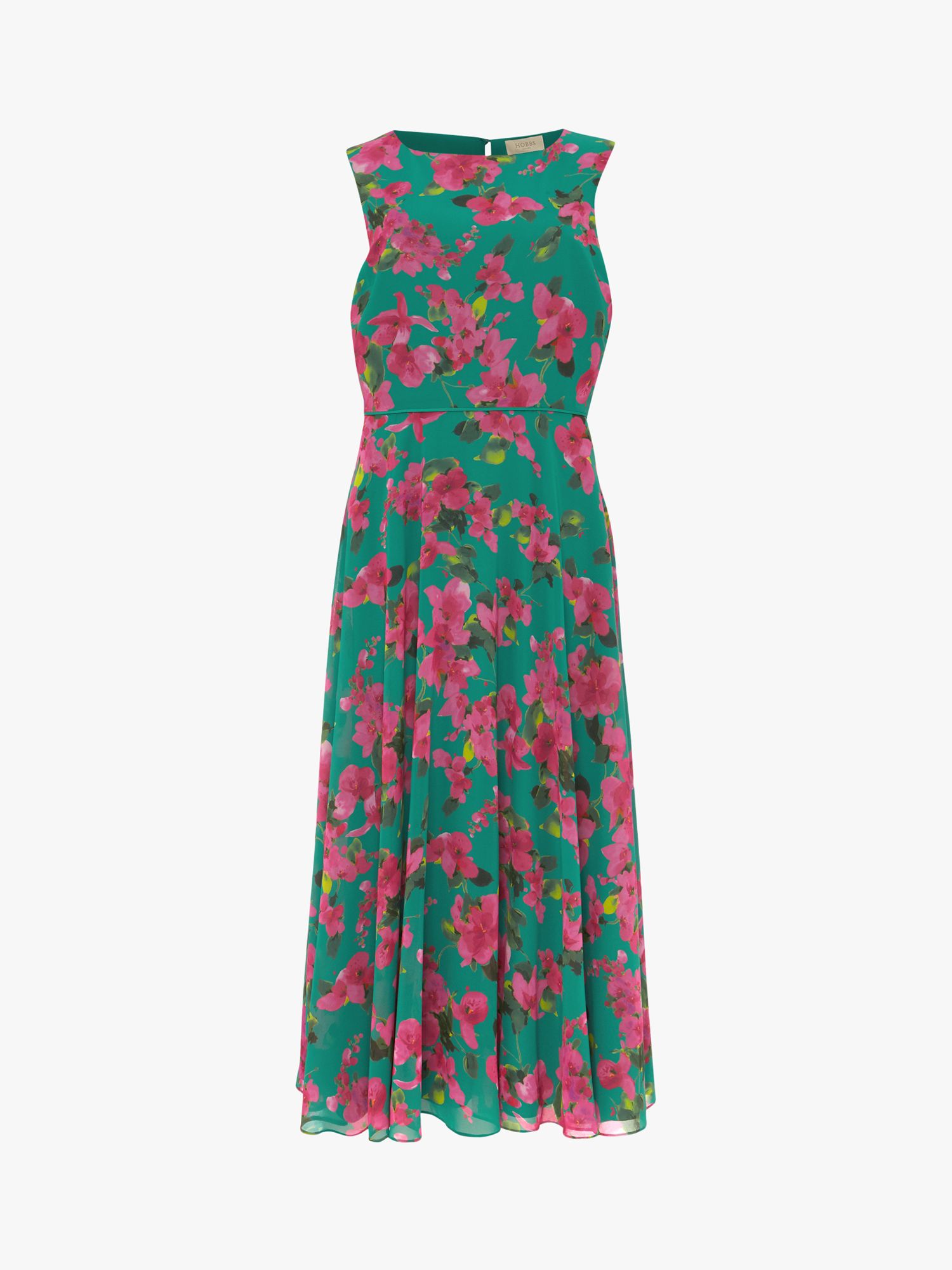 Hobbs Carly Floral Midi Dress, Field Green/Fuchsia at John Lewis & Partners