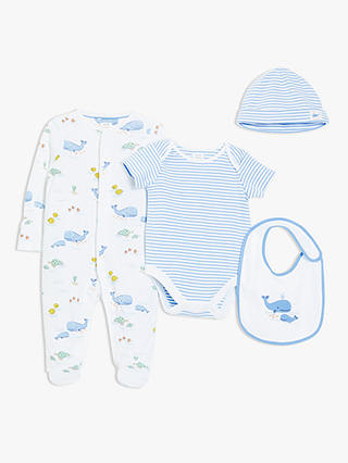 John Lewis Baby Whale Sleepsuit, Bodysuit, Hat and Bib Set, Blue
