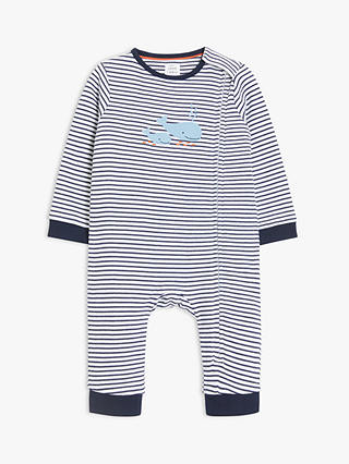 John Lewis & Partners Baby Whale Stripe Romper, Blue/White