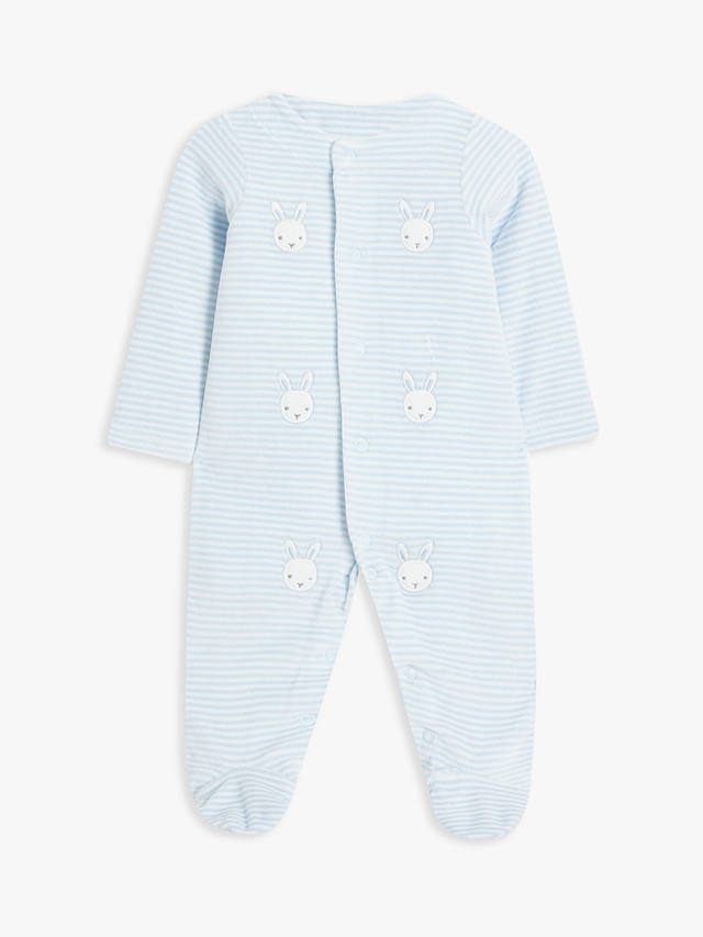 John Lewis Baby Bunny Stripe Velour Sleepsuit, Blue