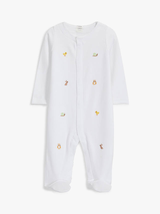 John Lewis Heirloom Collection Baby Woodland Animals Embroidered Sleepsuit, White