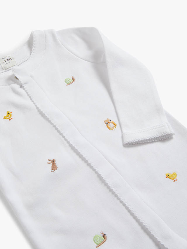 John Lewis Heirloom Collection Baby Woodland Animals Embroidered Sleepsuit, White
