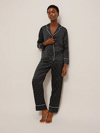 John Lewis Piped Silk Spot Print Pyjama Set, Black