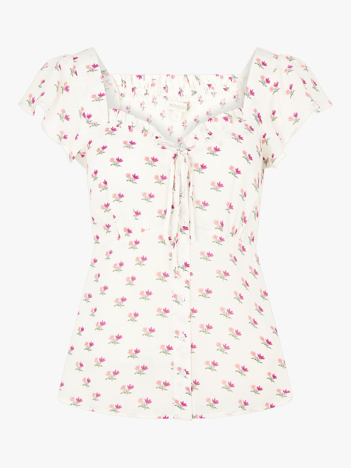 Monsoon Floral Print Sweetheart Neck Blouse, Ivory at John Lewis & Partners