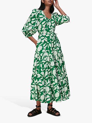 Whistles Marni Floral Print Trapeze Dress, Green/Multi