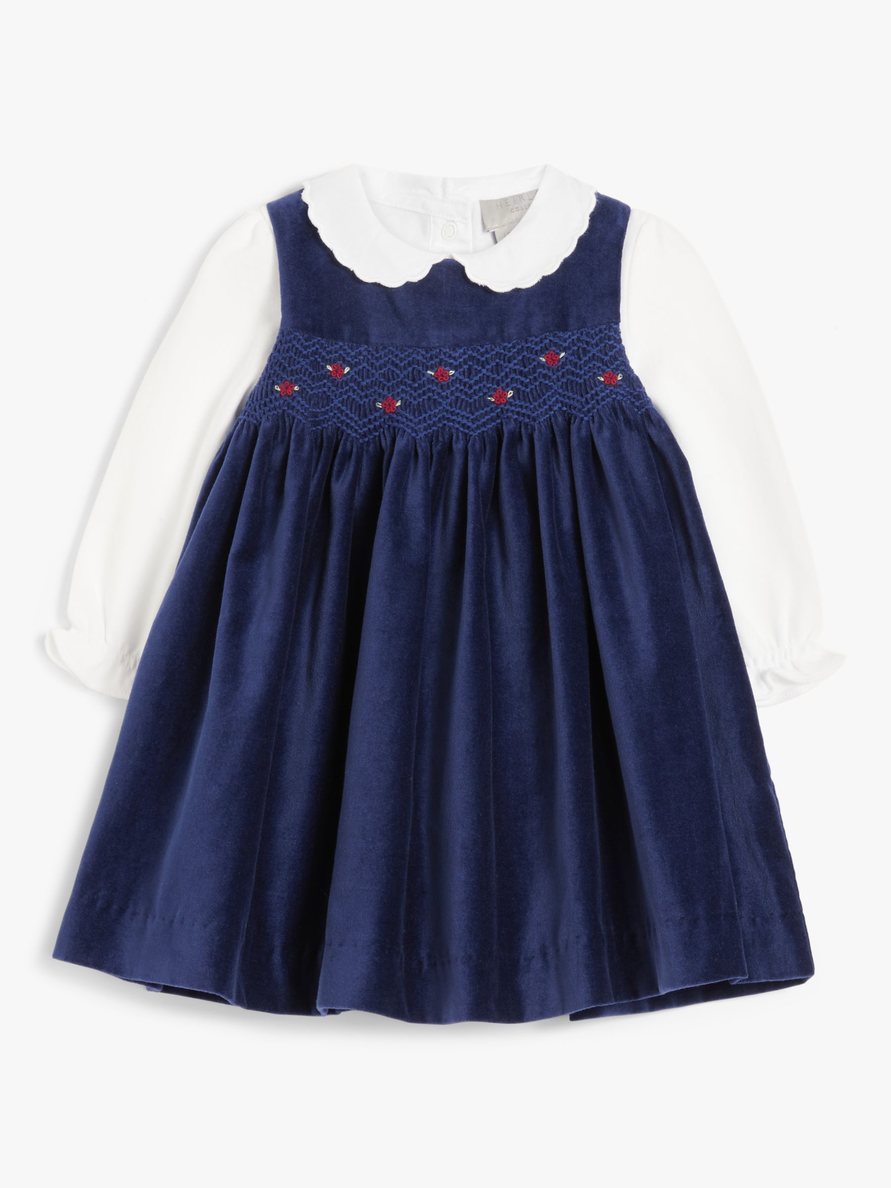 John Lewis Heirloom Collection Baby Velvet Pinnie Dress and Top Set, Navy