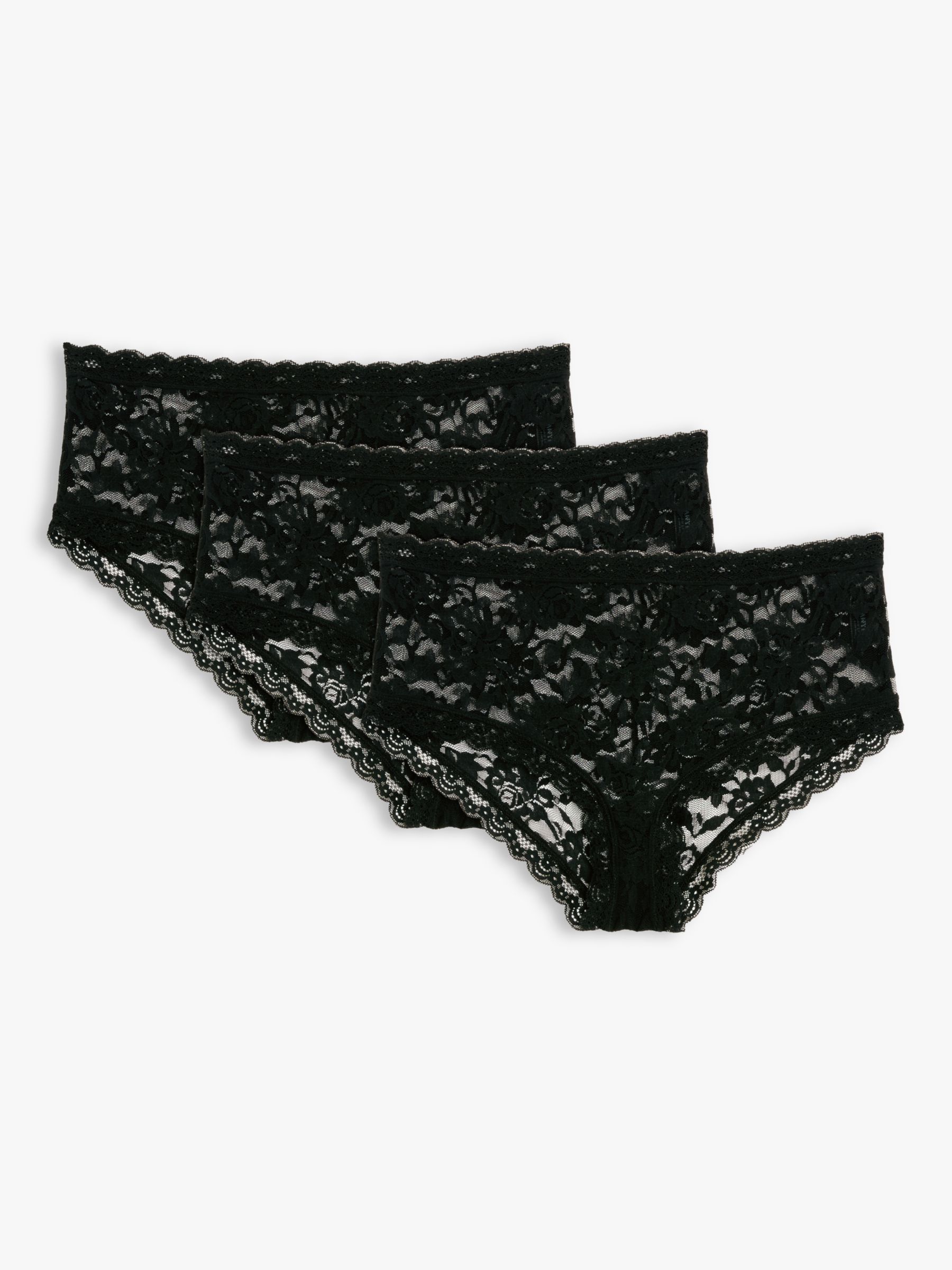 John Lewis ANYDAY Helenca Lace Short Knickers, Pack of 3, Black, 8
