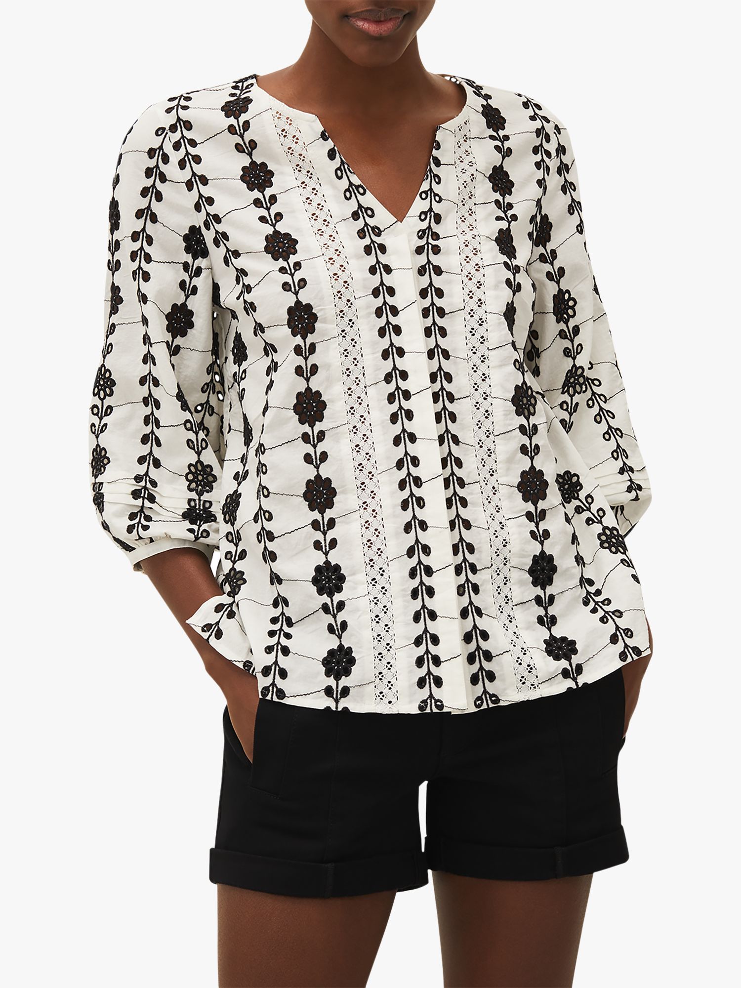 Phase Eight Caela Floral Broderie Blouse, White/Black