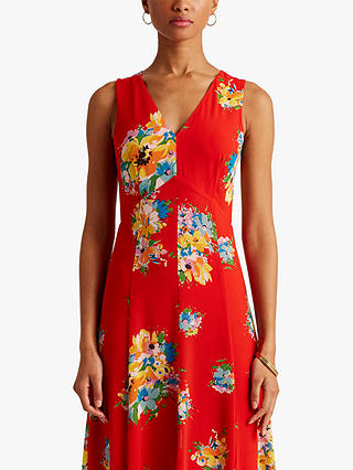 Lauren Ralph Lauren Norehan Floral Georgette Sleeveless Dress, Bright Hibiscus/Multi