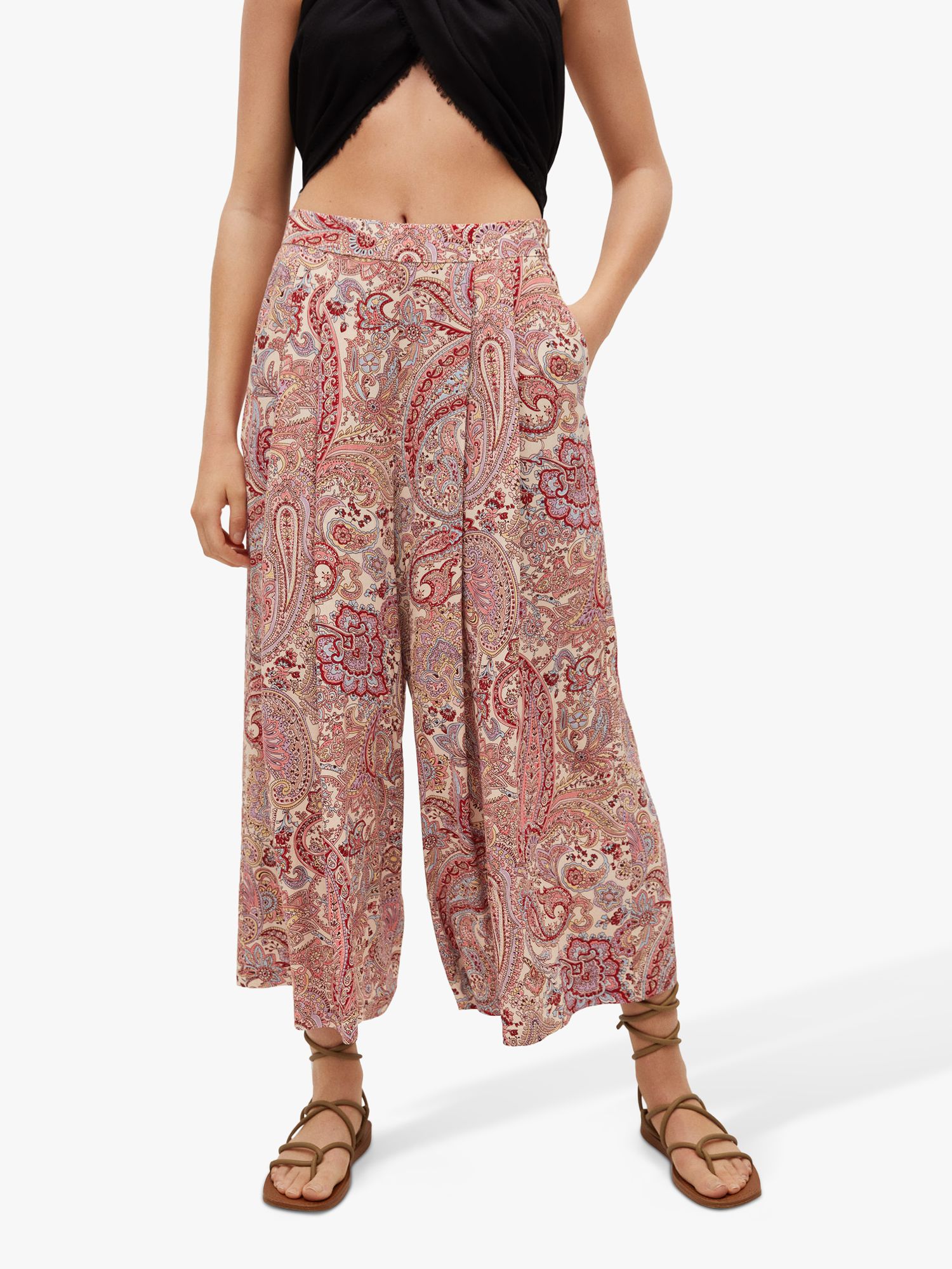 Mango Paisley Pleated Culotte Trousers, Red
