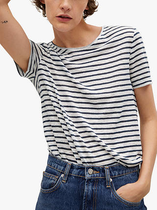 Mango Striped Linen T-Shirt, Navy