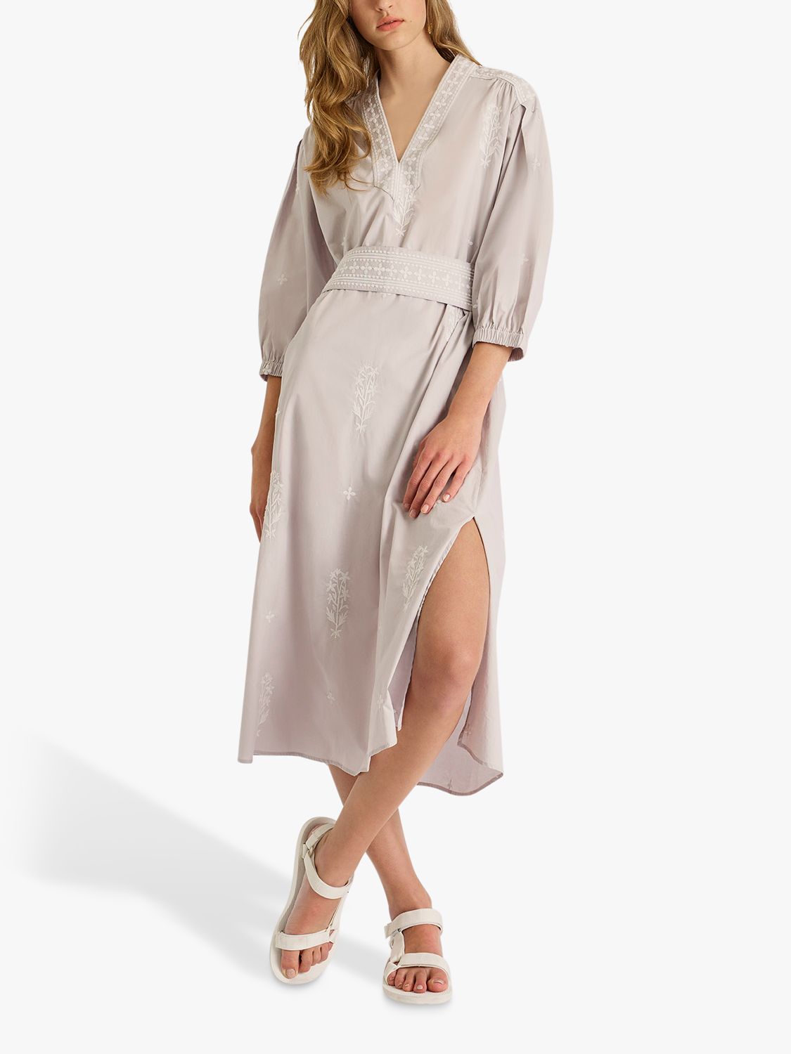 French Connection Fikari Embroidered Oversized Midi Dress, Dove Grey, S