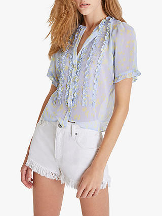 French Connection Bonit Crinkle Ruffle Top, Butter Yellow/Cloud Blue