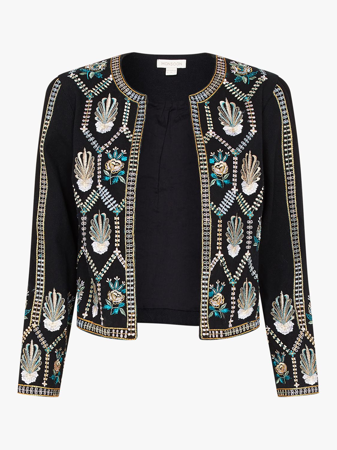 Monsoon Embroidered Cropped Jacket, Black at John Lewis & Partners