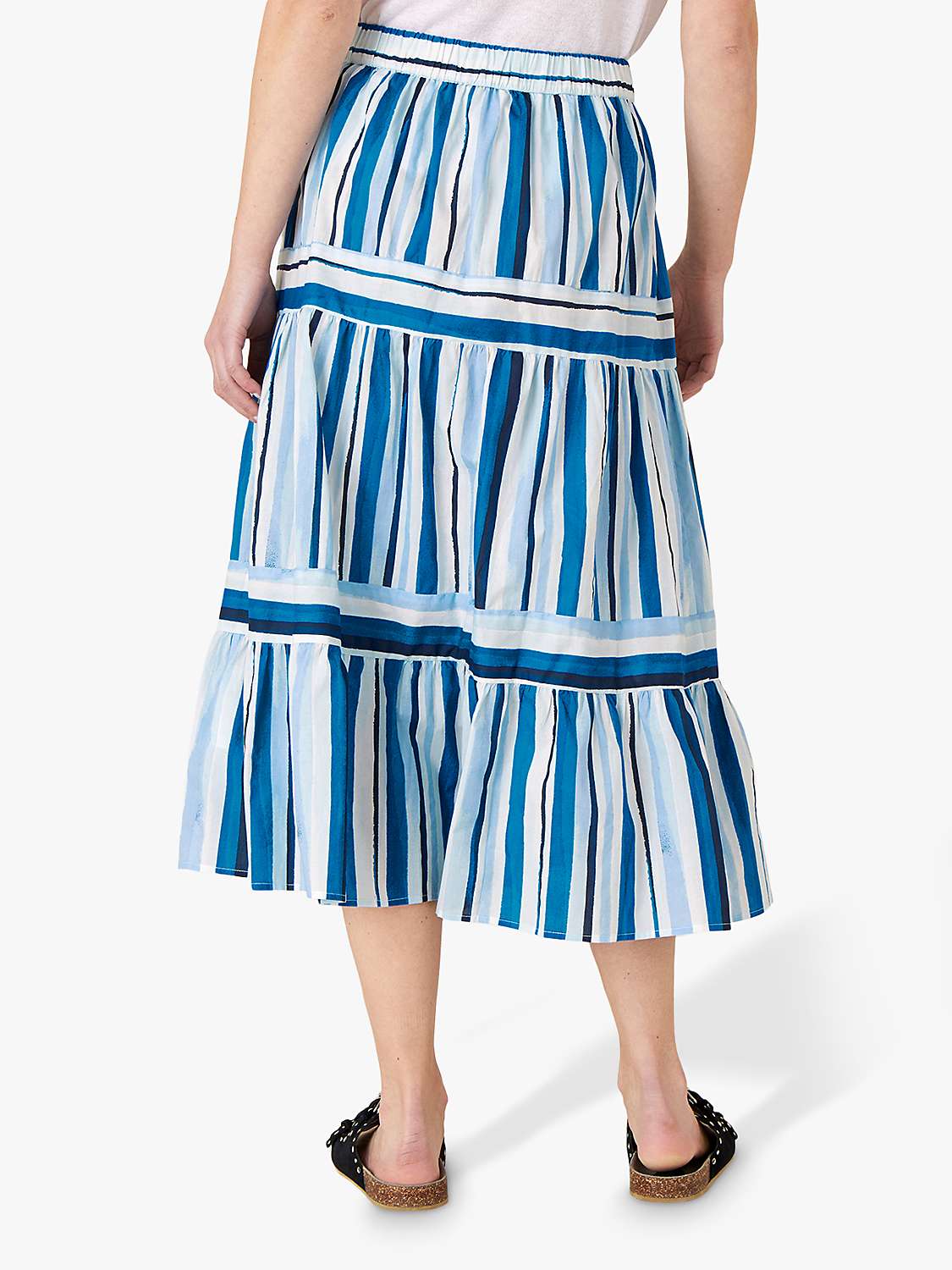 Monsoon Stripe Print Tiered Midi Skirt, Blue at John Lewis & Partners