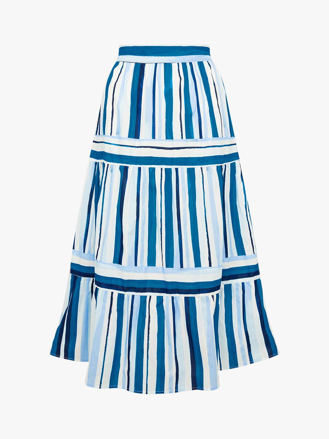 Monsoon Stripe Print Tiered Midi Skirt, Blue at John Lewis & Partners