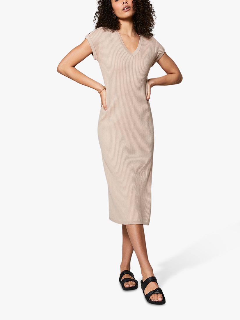Mint Velvet Ribbed V-Neck Midi Dress, Beige at John Lewis & Partners