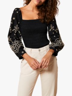 Mint Velvet Embroidered Puff Sleeve Top, Black, 6