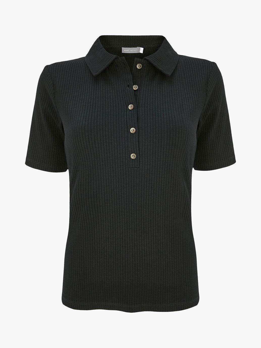 Mint Velvet Ribbed Polo Shirt, Black at John Lewis & Partners