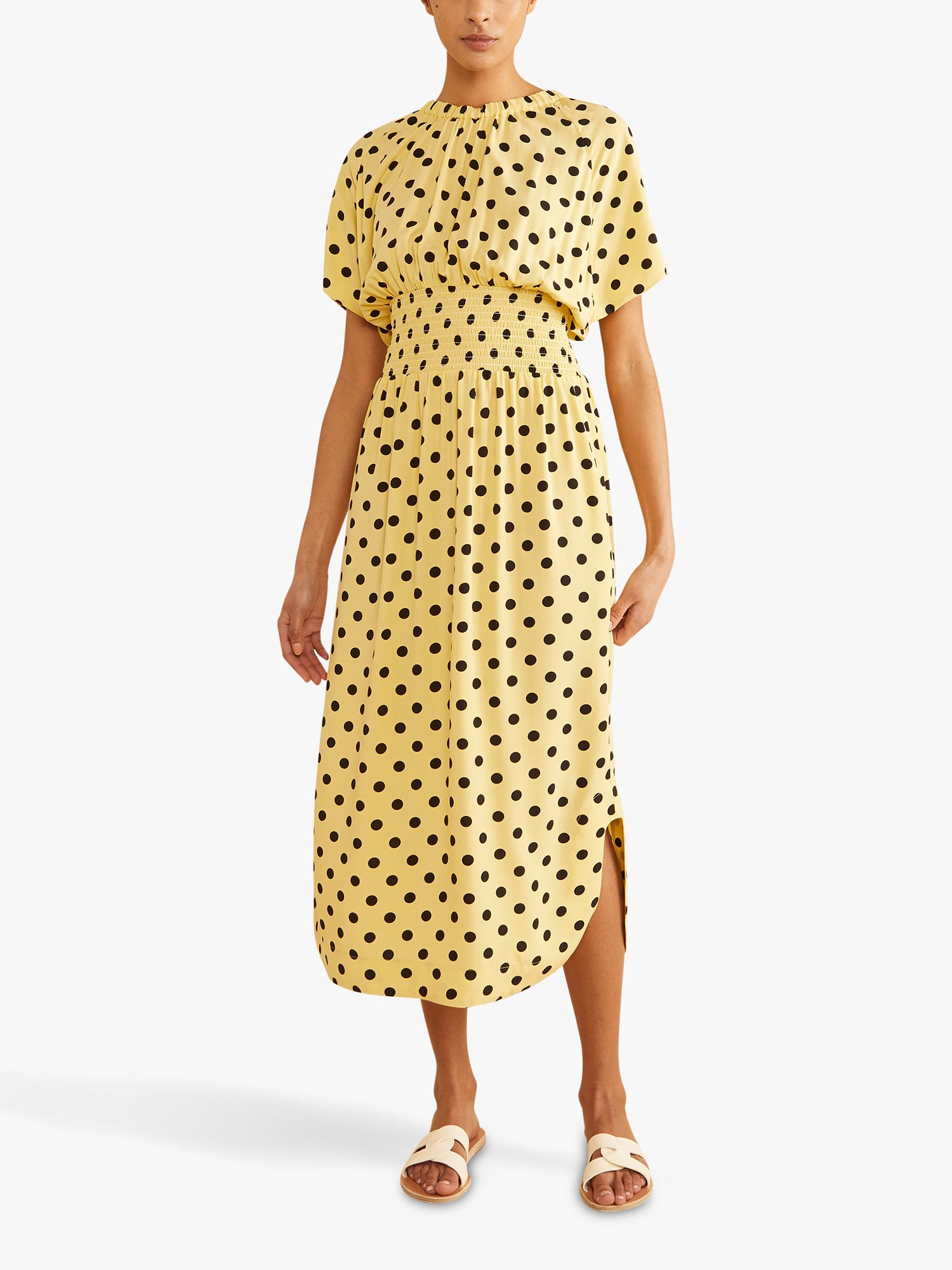 Albaray Polka Dot Shirred Waist Midi Dress, Yellow at John Lewis & Partners