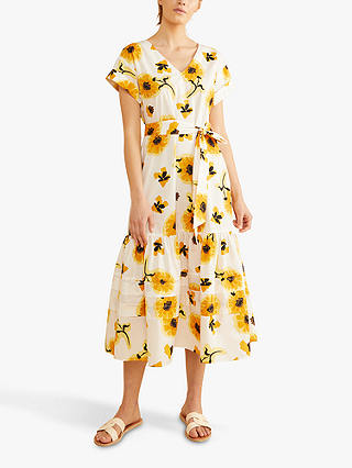 Albaray Sunflower Pleat Detail Cotton Dress, White/Multi