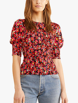 Albaray Carnation Shirred Puff Sleeve Top, Red/Multi