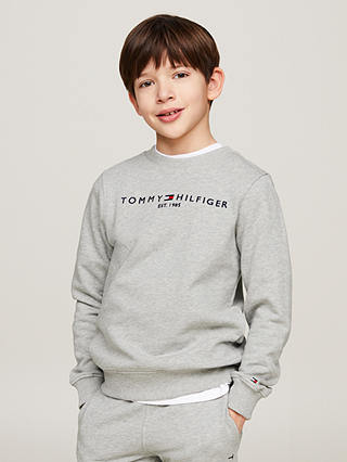 Tommy Hilfiger Kids' Essential Organic Cotton Logo Sweatshirt, Light Grey  Heather at John Lewis & Partners