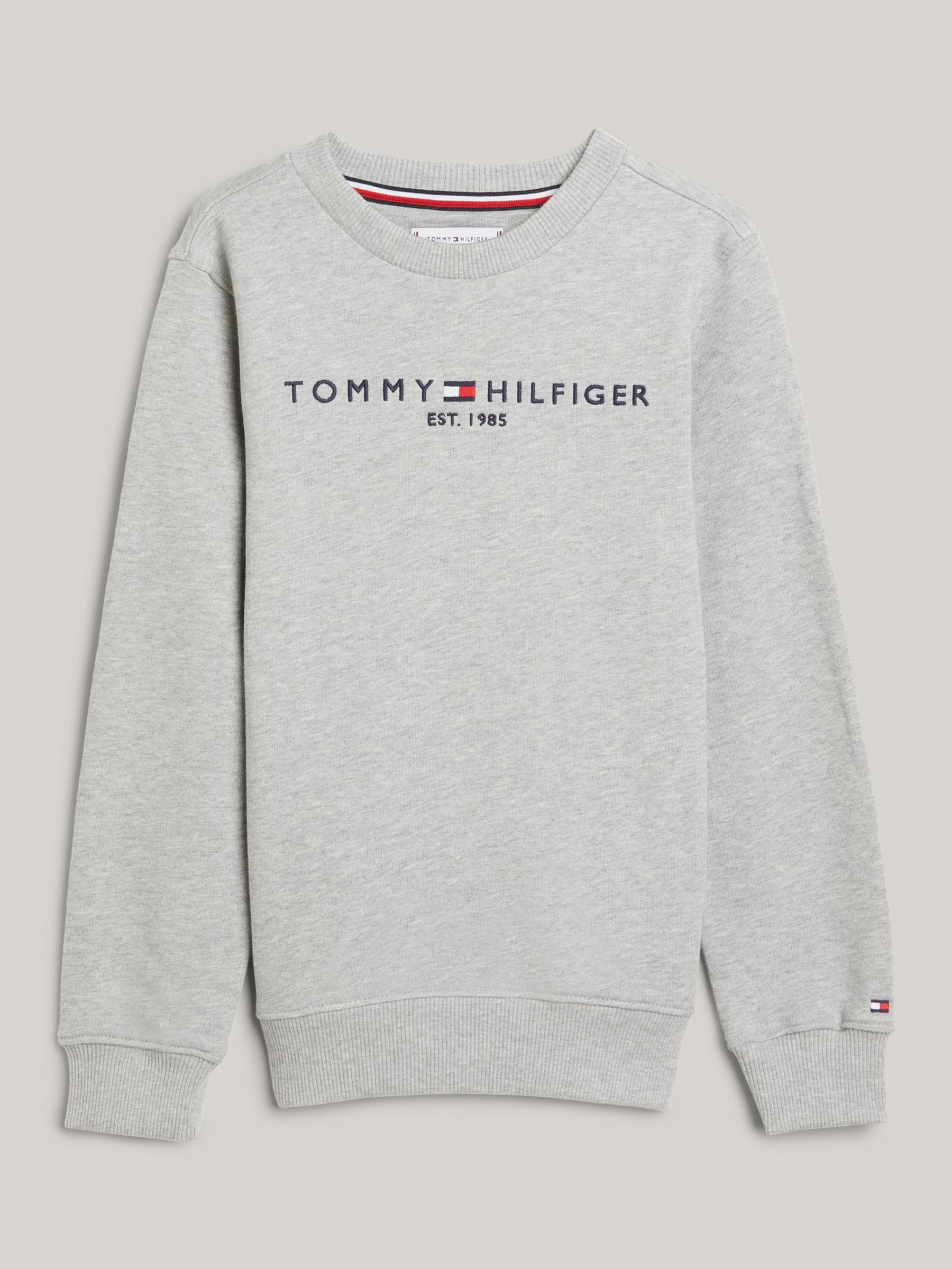 Tommy Hilfiger Kids\' Essential Organic Cotton Logo Sweatshirt, Light Grey  Heather at John Lewis & Partners