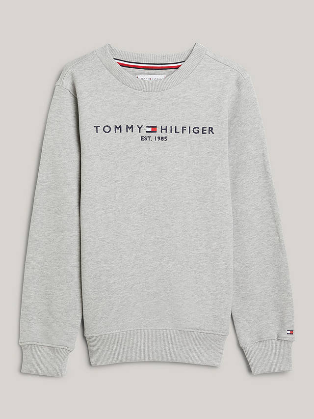 Tommy Hilfiger Kids\' Essential Organic Cotton Logo Sweatshirt, Light Grey  Heather at John Lewis & Partners