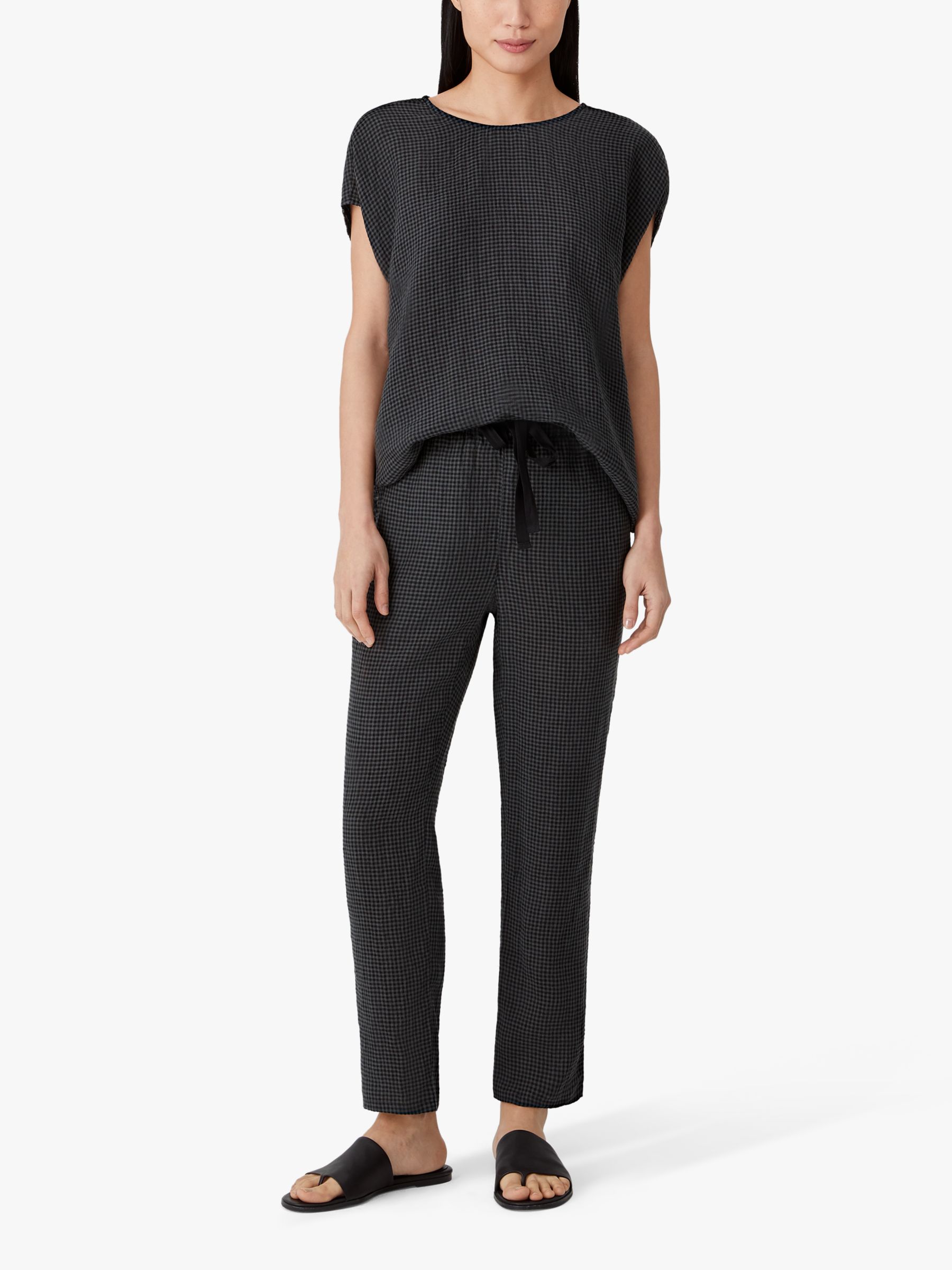 EILEEN FISHER Organic Linen Check Tapered Trousers, Black at John Lewis & Partners