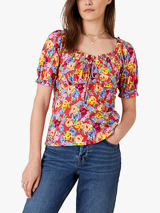 Monsoon Floral Print Jersey Top, Red