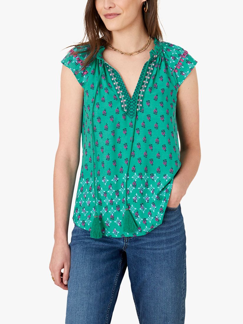 Monsoon Roopa Non Floral Print Top, Green at John Lewis & Partners