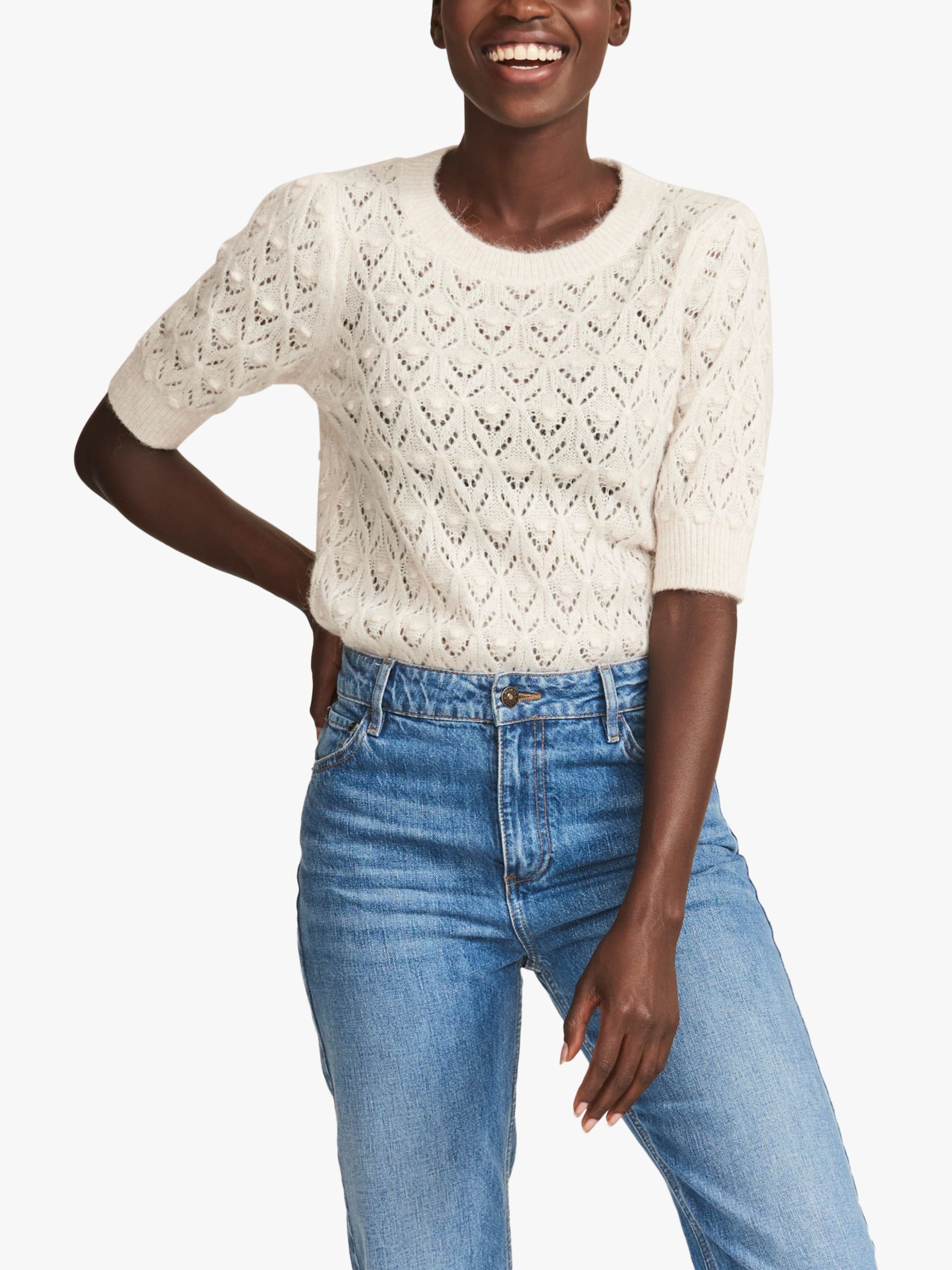 FatFace Pointelle Knit Tee, Ivory at John Lewis & Partners