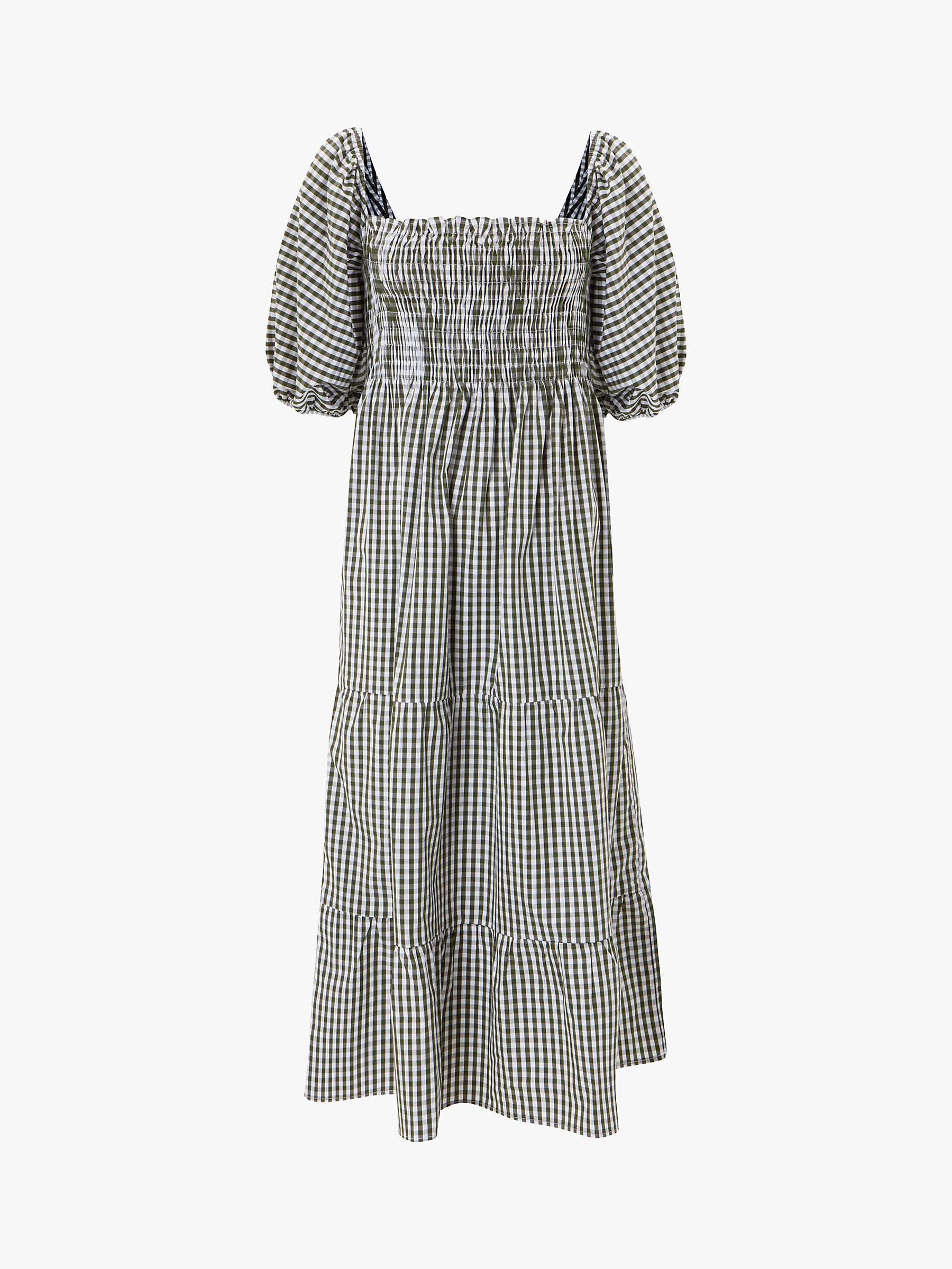 Buy Baukjen Tania Gingham Tiered Midi Dress, Khaki/White Online at johnlewis.com