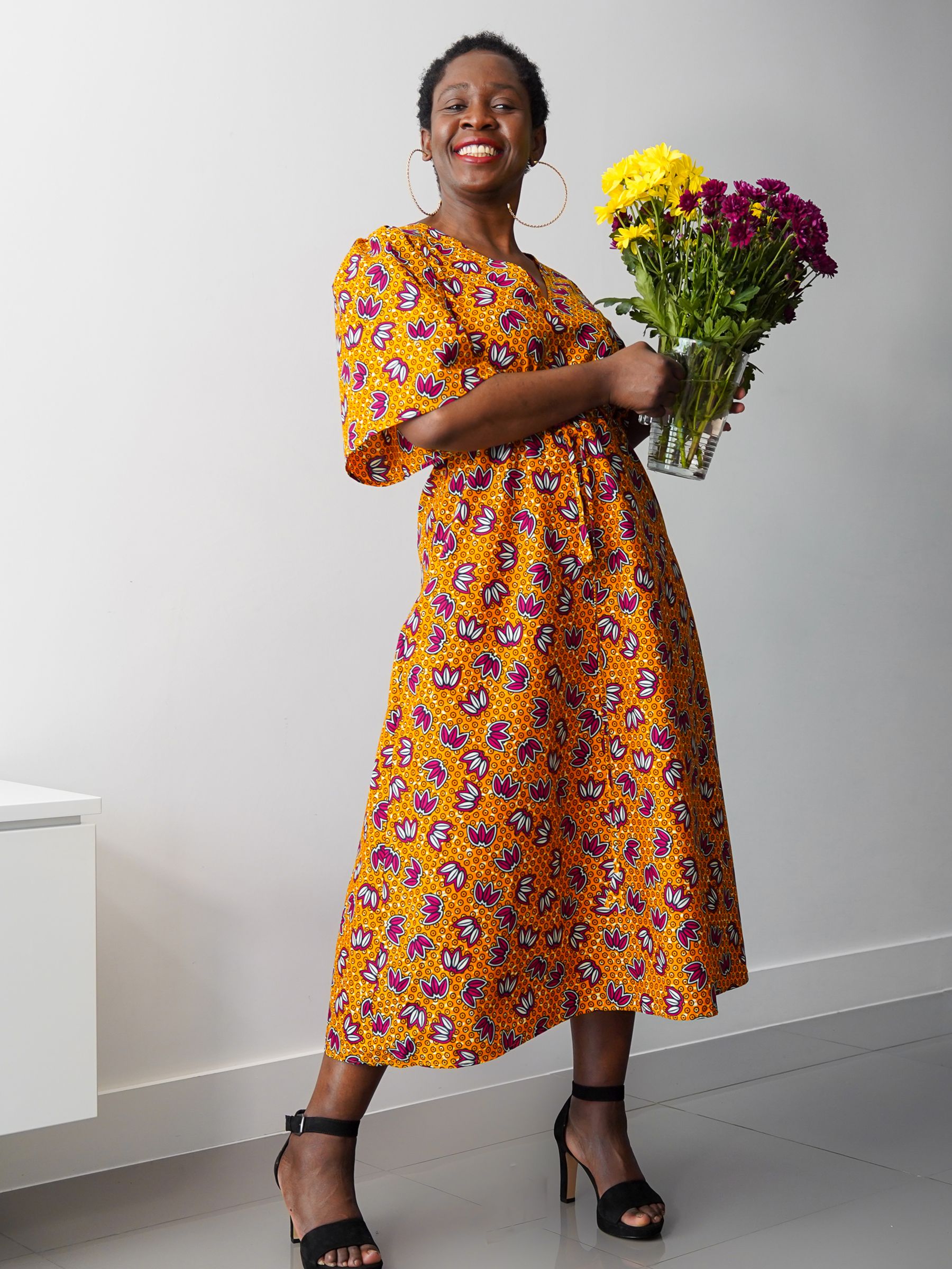 Kemi Telford Floral Drawstring Midi Dress, Orange
