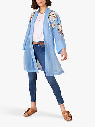 Monsoon Floral Embroidery Linen Cardigan, Blue