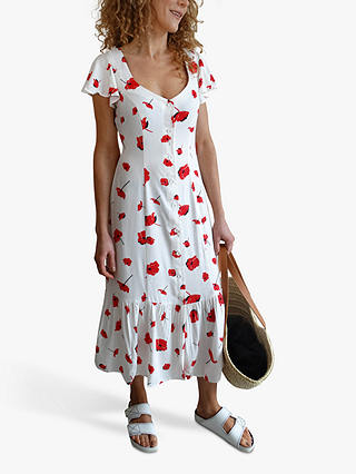 Baukjen Reign Poppy Floral Button Front Midi Dress, White/Red