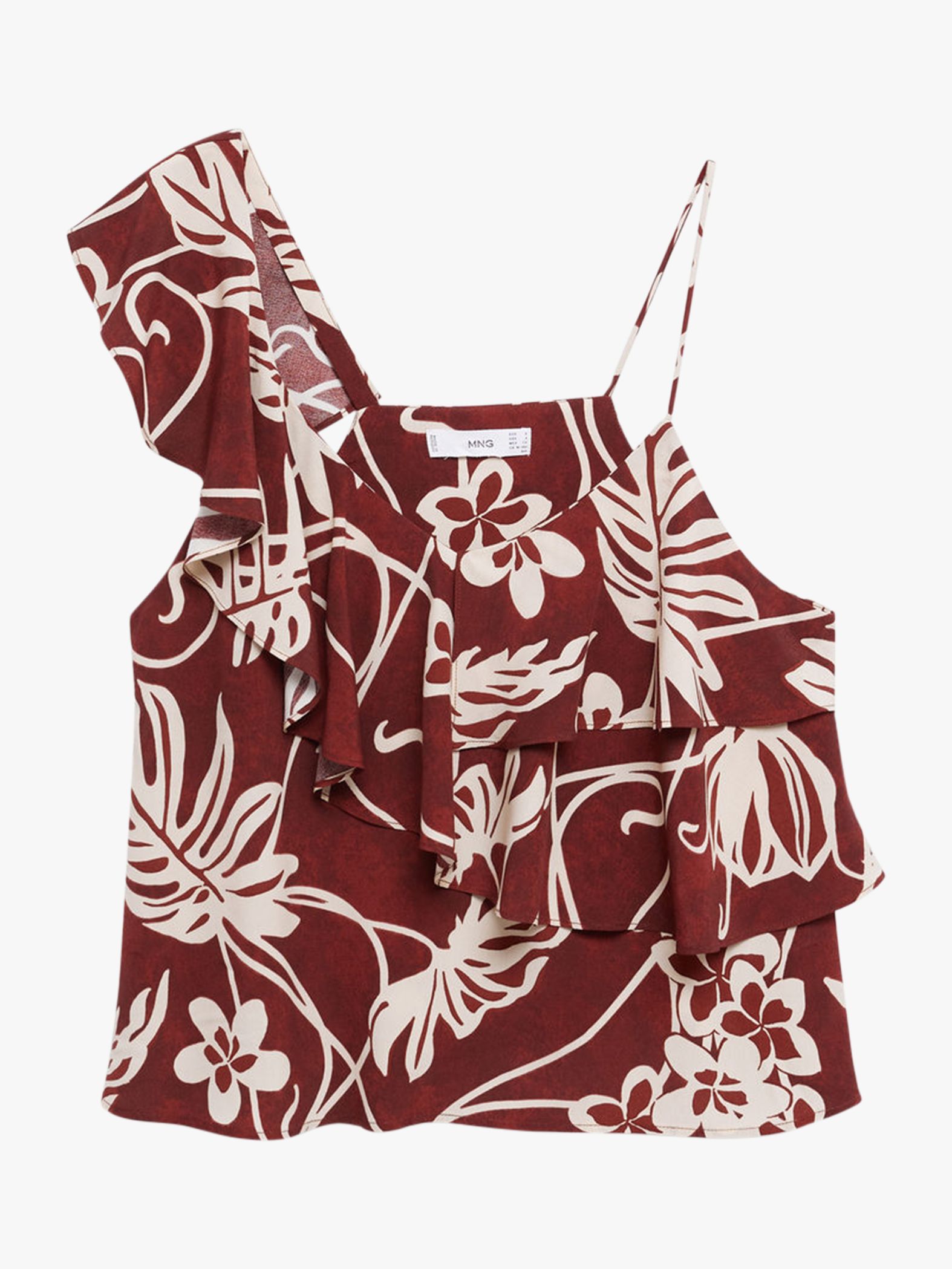 Mango Floral Print One Shoulder Ruffle Top, Red