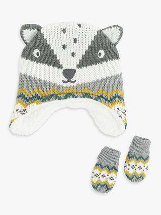 John Lewis & Partners Baby Badger Trapper Hat and Gloves Set, Charcoal
