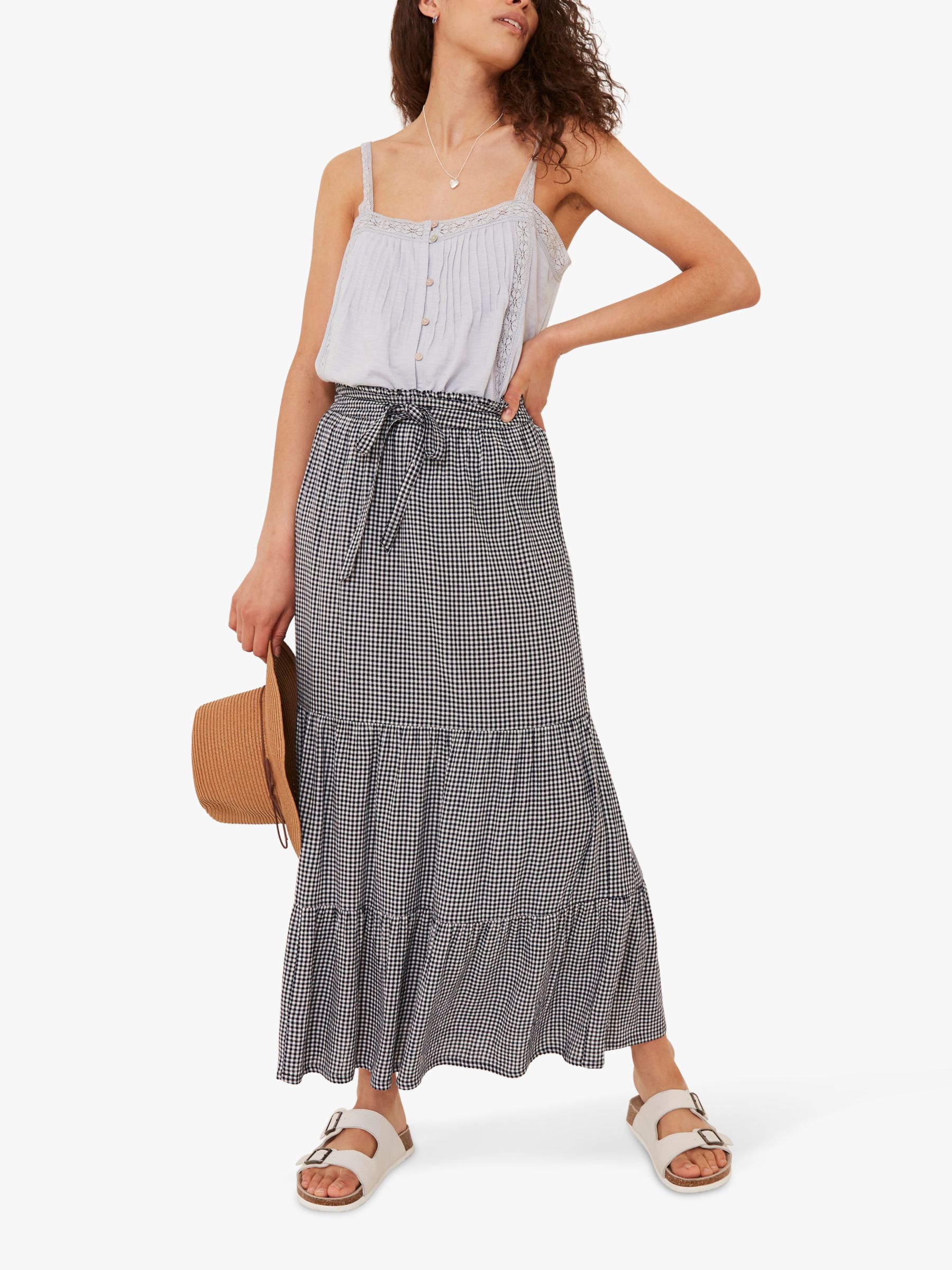 FatFace Nora Tiered Gingham Midi Skirt, Navy