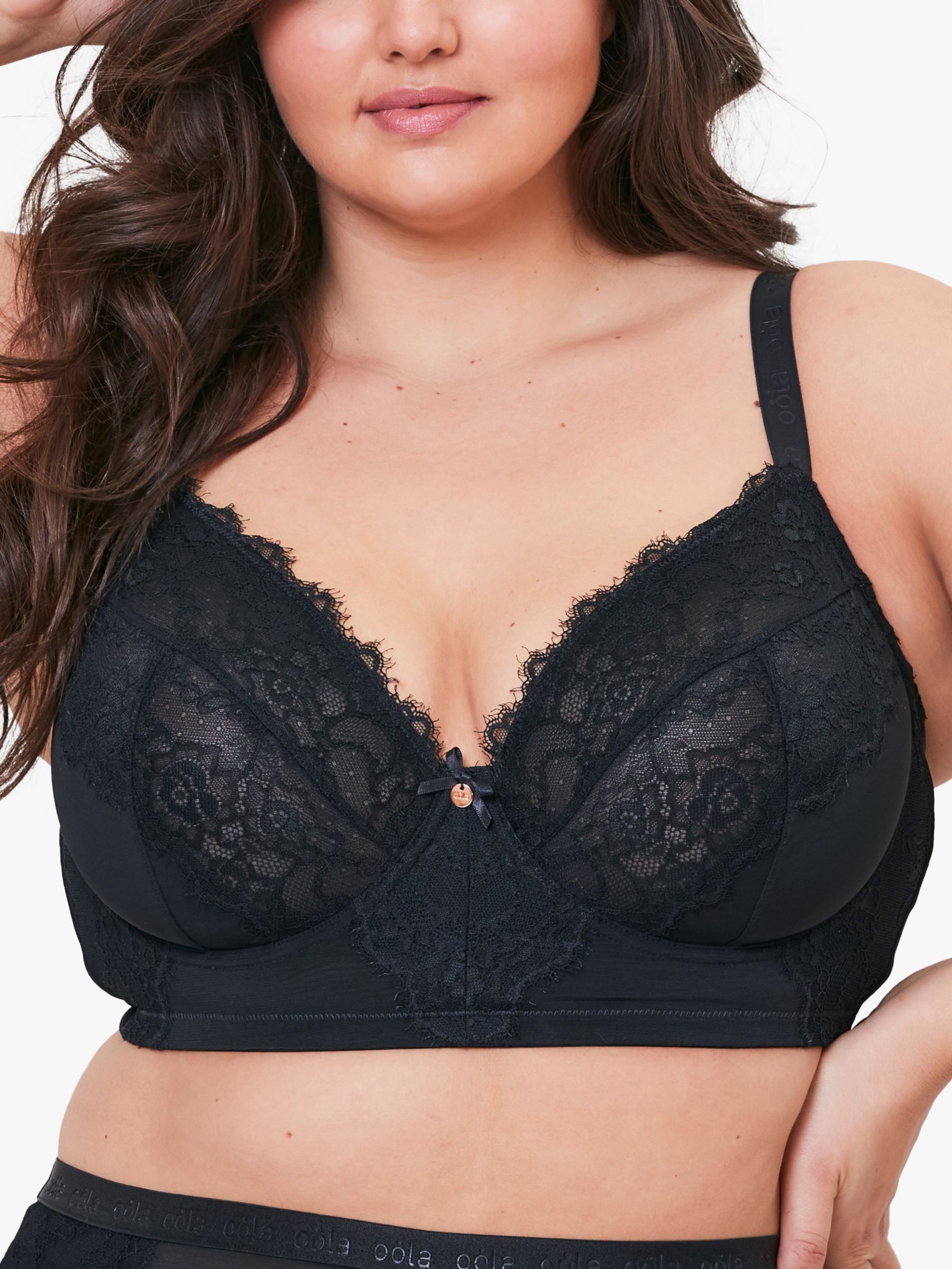 Oola Lingerie Lace and Logo Longline Underwired Bra, Black at John