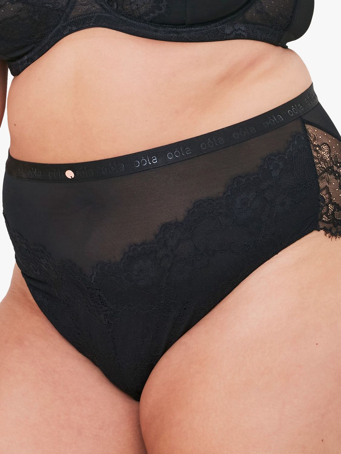 Oola Lingerie Lace and Logo High Waist Knickers, Black, 14-16