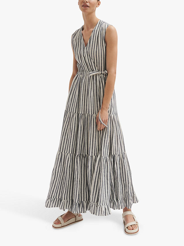 Jigsaw Linen Tiered Stripe Maxi Dress, Chambray