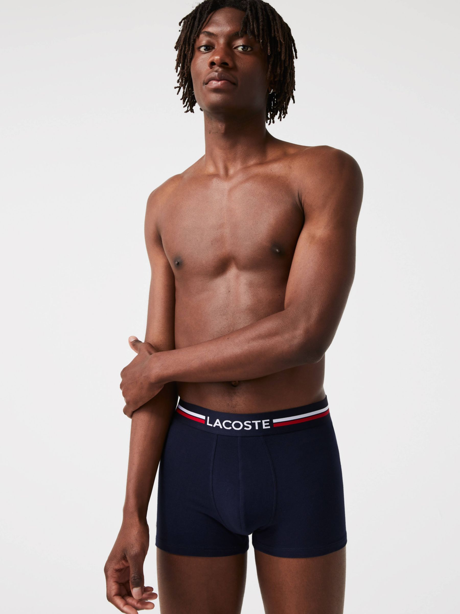 Lacoste Three Tone Waistband Iconic Trunks, Pack of 3, Navy Blue/Grey  Chine/Red at John Lewis & Partners