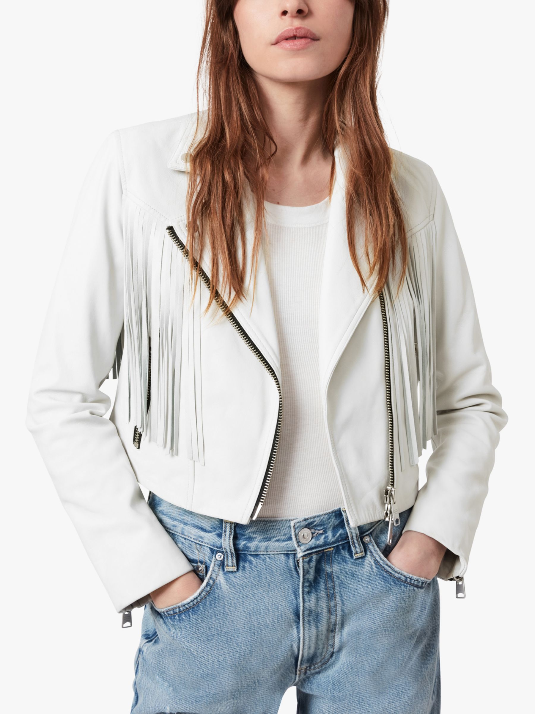 AllSaints Elora Tassel Leather Biker Jacket, White
