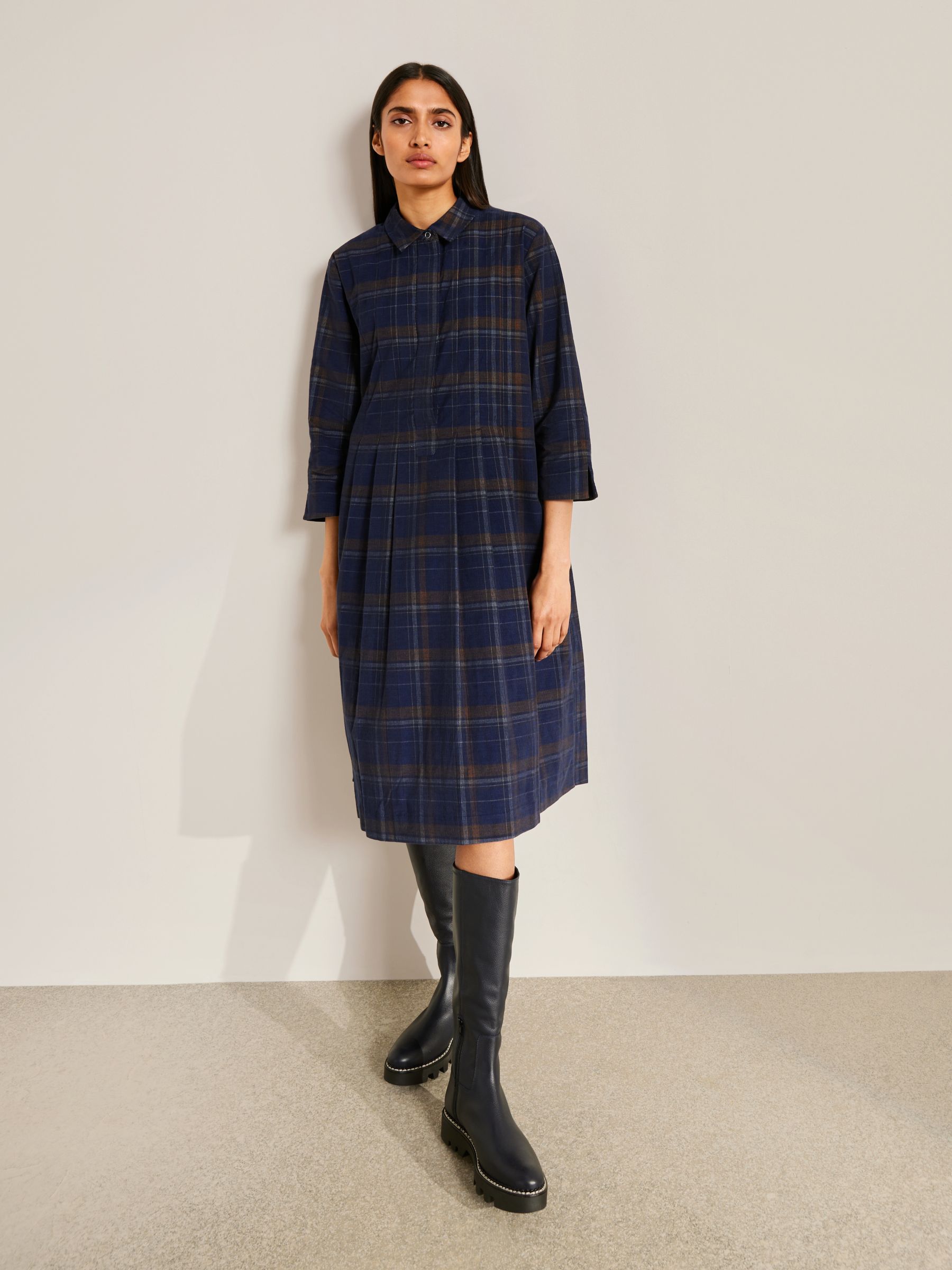 Kin Check Pleat Corduroy Dress, Navy