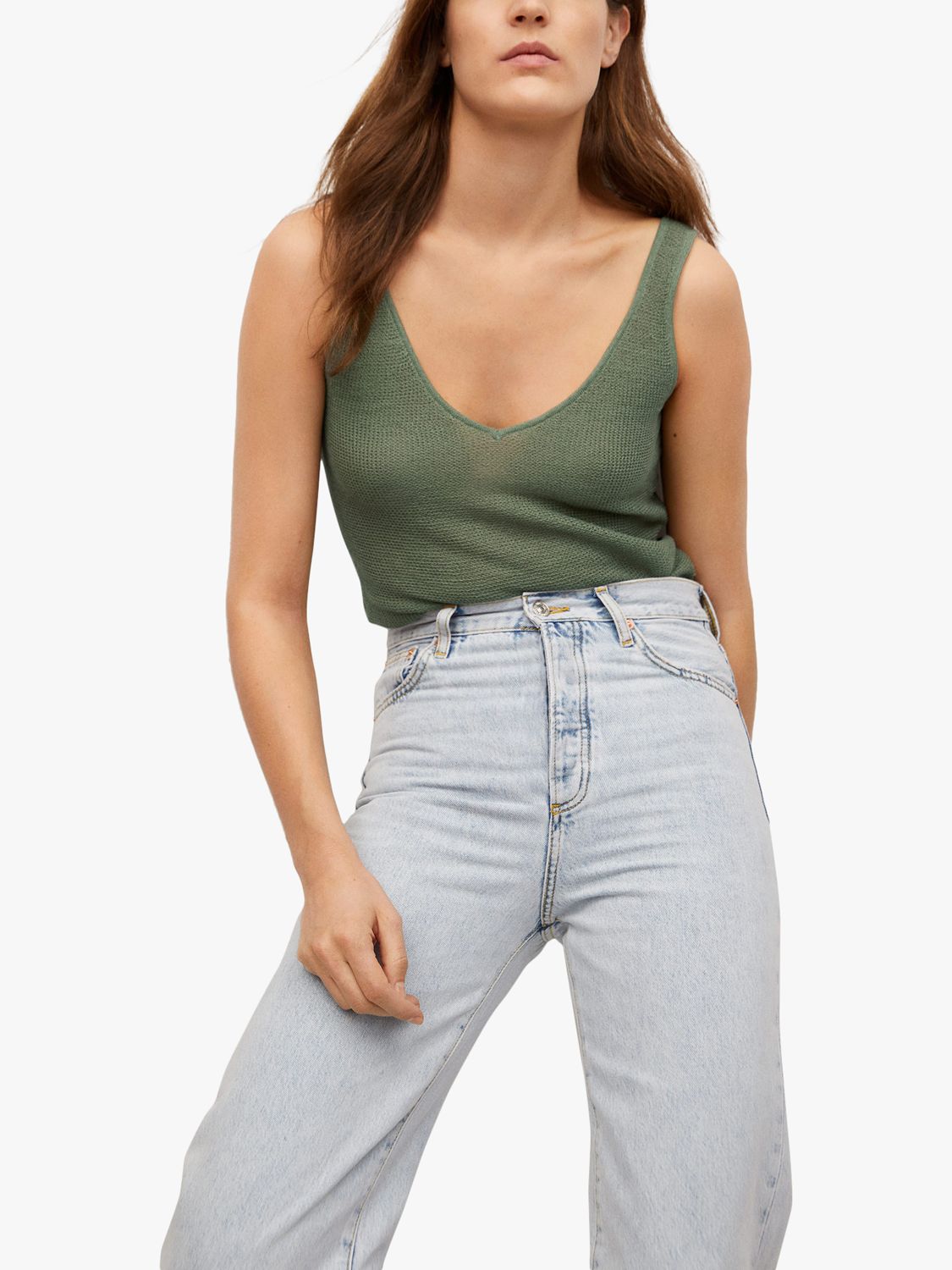 Mango Fine Knit VNeck Vest Top, Khaki at John Lewis & Partners