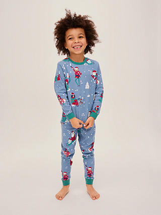 John Lewis Kids' Santa Christmas Print Cotton Pyjamas, Pack of 2, Blue/Green